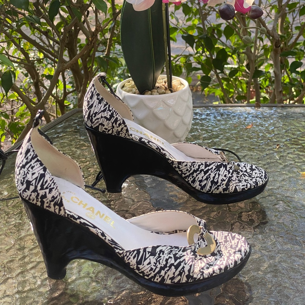 Chanel Vintage Black & White Logo Wedge Strappy Heels - Picture 7 of 16